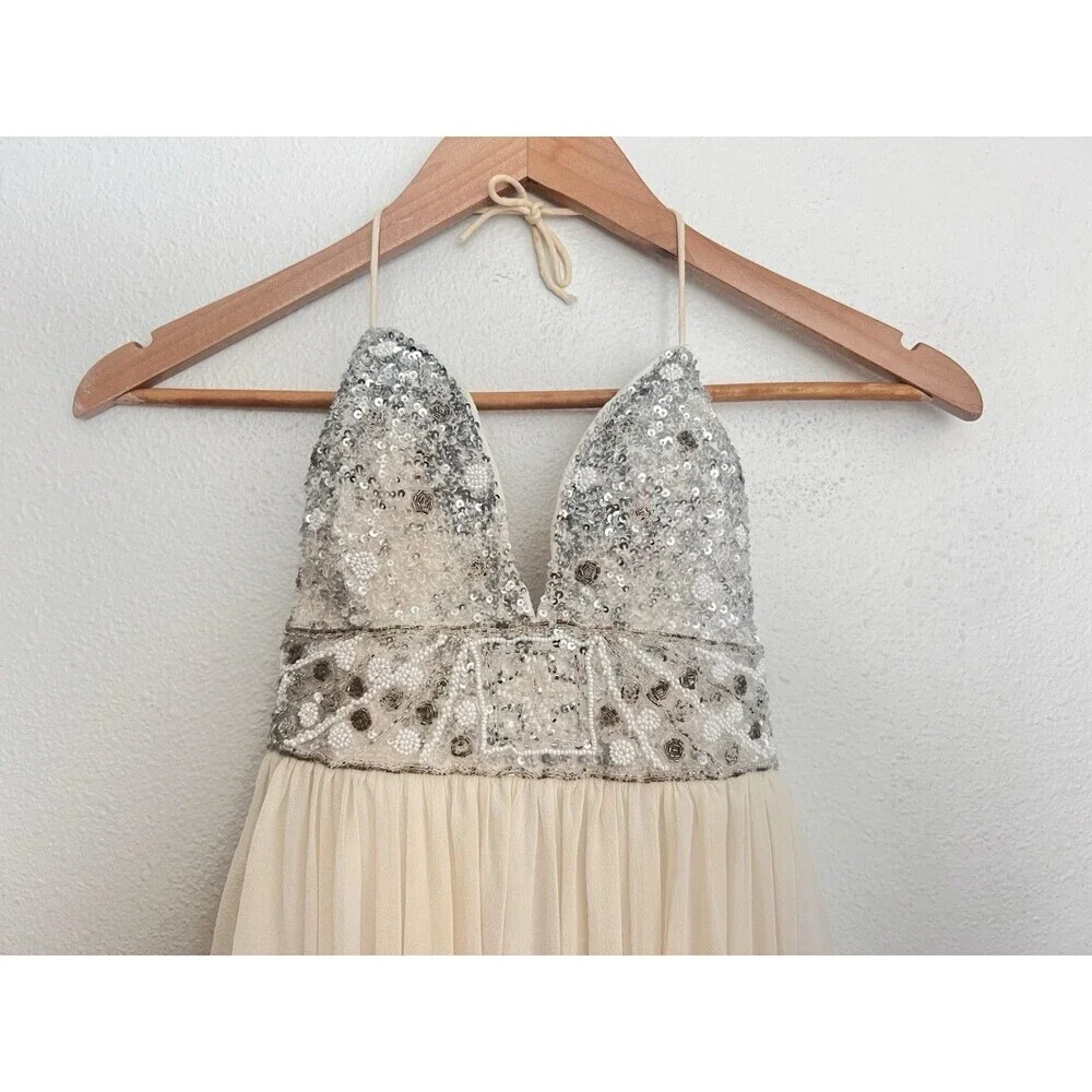 VTG Mac Duggal Couture Sequin Beaded Silk Dress XS Empire Waist Baby Doll
